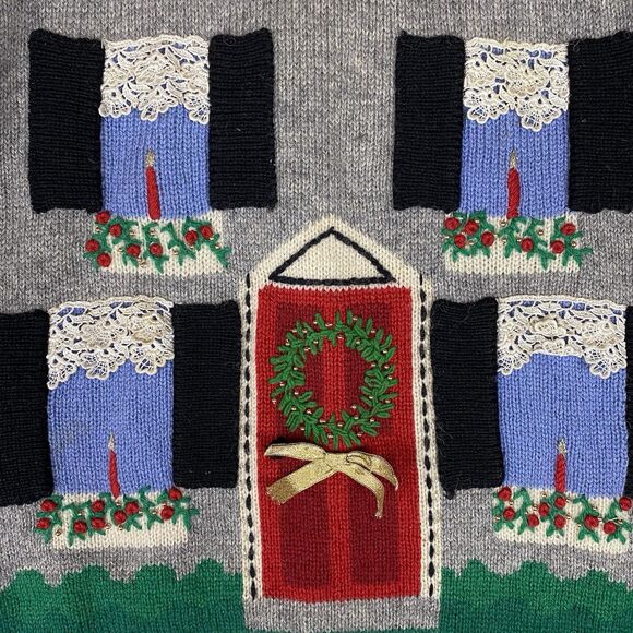 VTG Susan Bristol Wool Christmas Cottage Sweater L 90s Hand Embroidered Ugly 3D - Picture 2 of 8